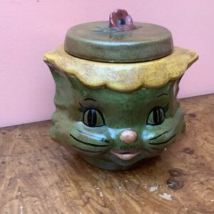 Vintage Miss Priss Style Ceramic Hobbyist Floral Cat Head Cookie Jar With Lid